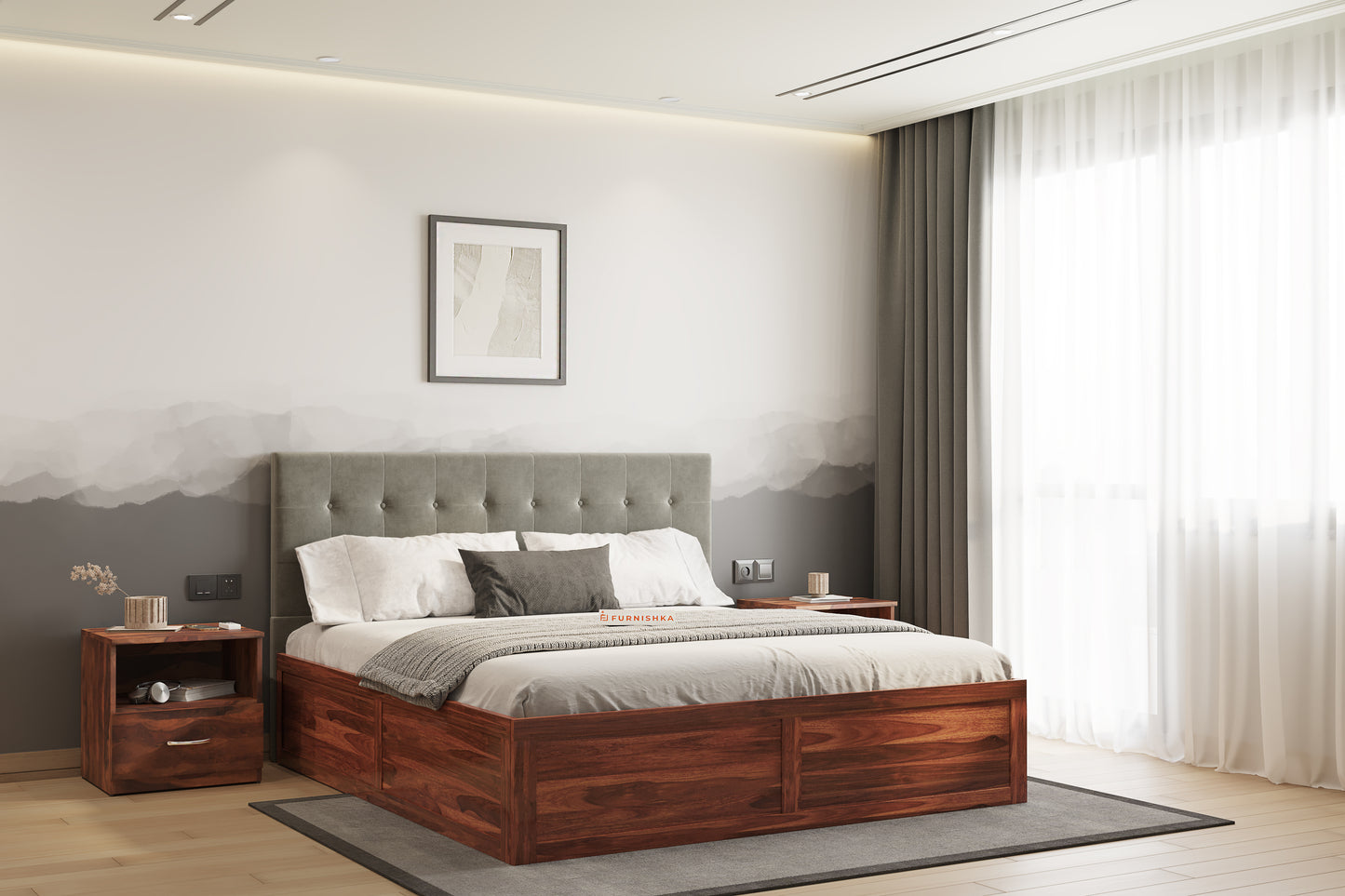 Irene Sheesham Wood bed with Upholstered headboard Box Storage King Size - Furnishka 