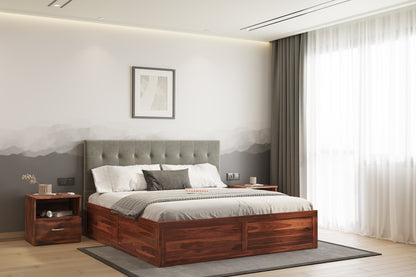 Irene Sheesham Wood bed with Upholstered headboard Box Storage King Size - Furnishka 