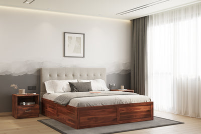 Irene Sheesham Wood bed with Upholstered headboard Box Storage King Size