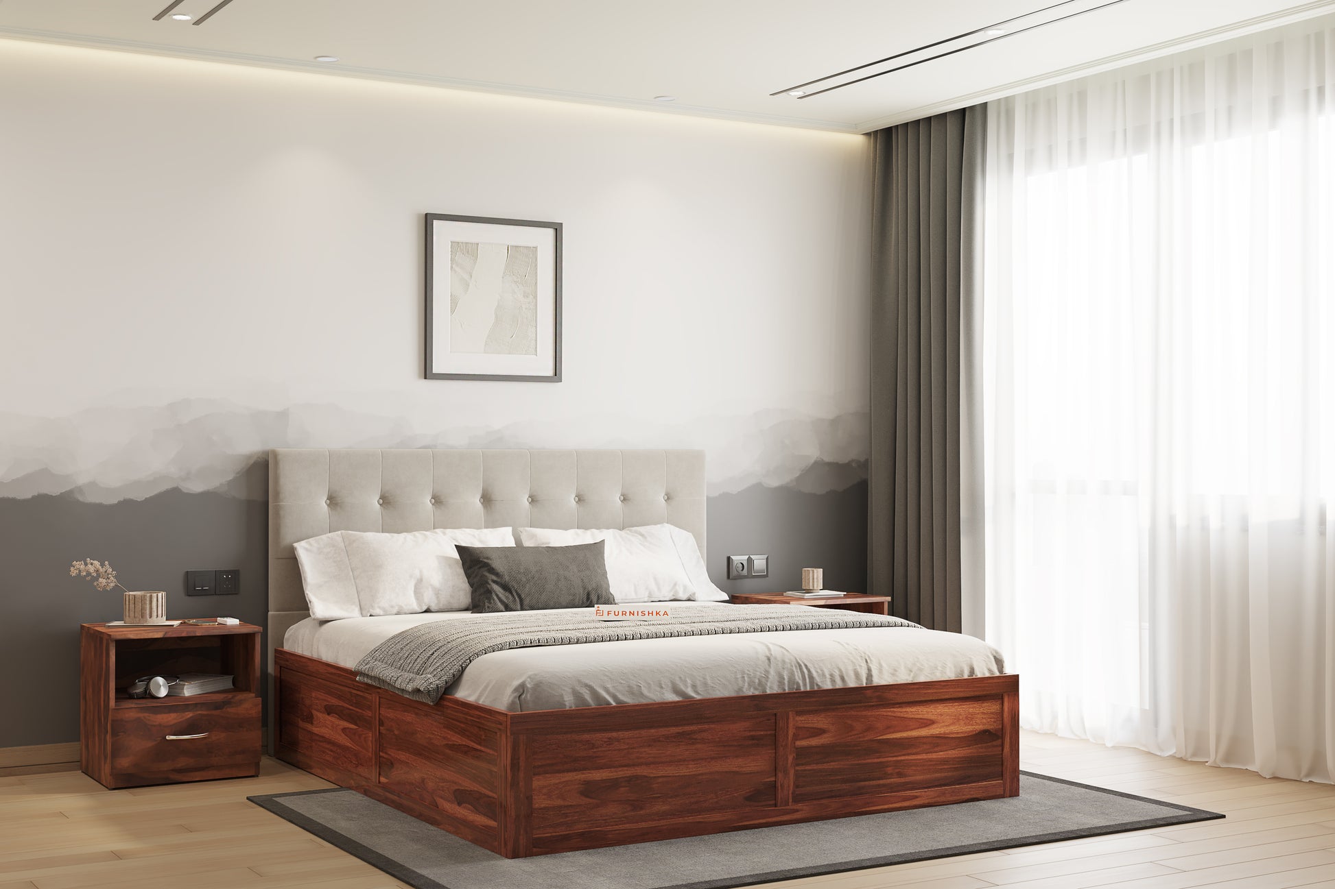 Irene Sheesham Wood bed with Upholstered headboard Box Storage Queen Size - Furnishka 