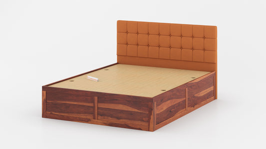 Irene Sheesham Wood bed with Upholstered headboard Box Storage Queen Size - Furnishka 