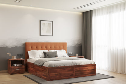 Irene Sheesham Wood bed with Upholstered headboard Box Storage Queen Size - Furnishka 