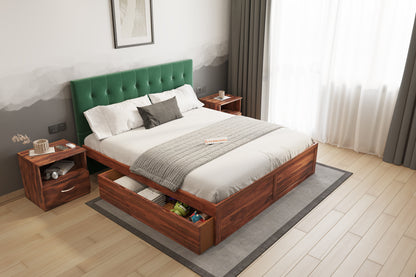 Irene Sheesham Wood bed with Upholstered headboard Drawer Storge King Size - Furnishka 