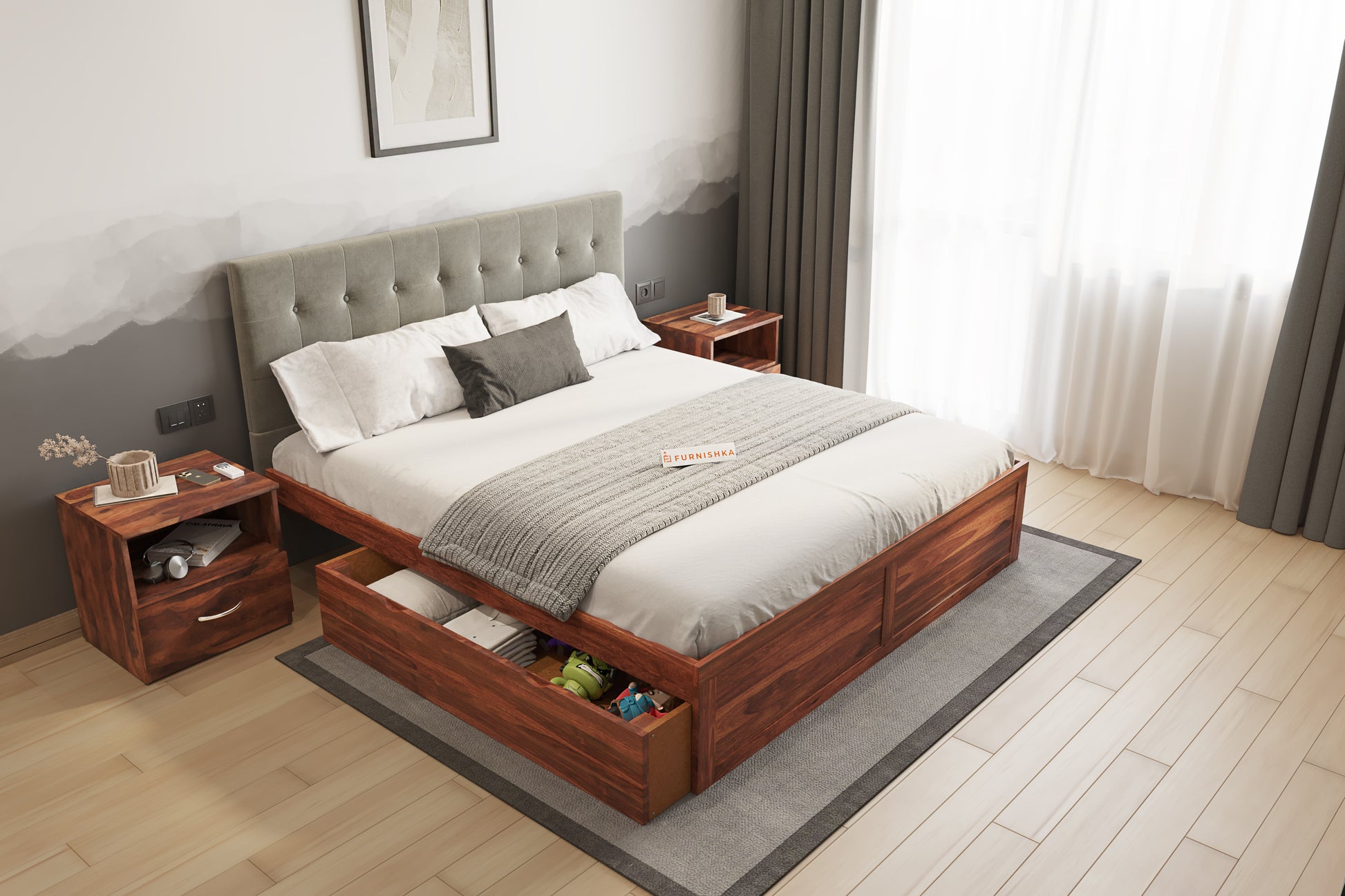 Irene Sheesham Wood bed with Upholstered headboard Drawer Storge King Size - Furnishka 