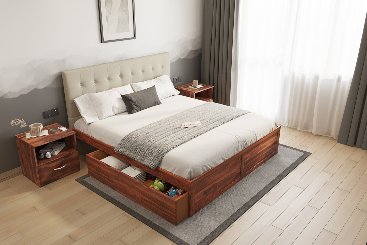 Irene Sheesham Wood bed with Upholstered headboard Drawer Storge King Size - Furnishka 