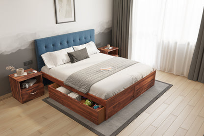Irene Sheesham Wood bed with Upholstered headboard Drawer Storge King Size - Furnishka 