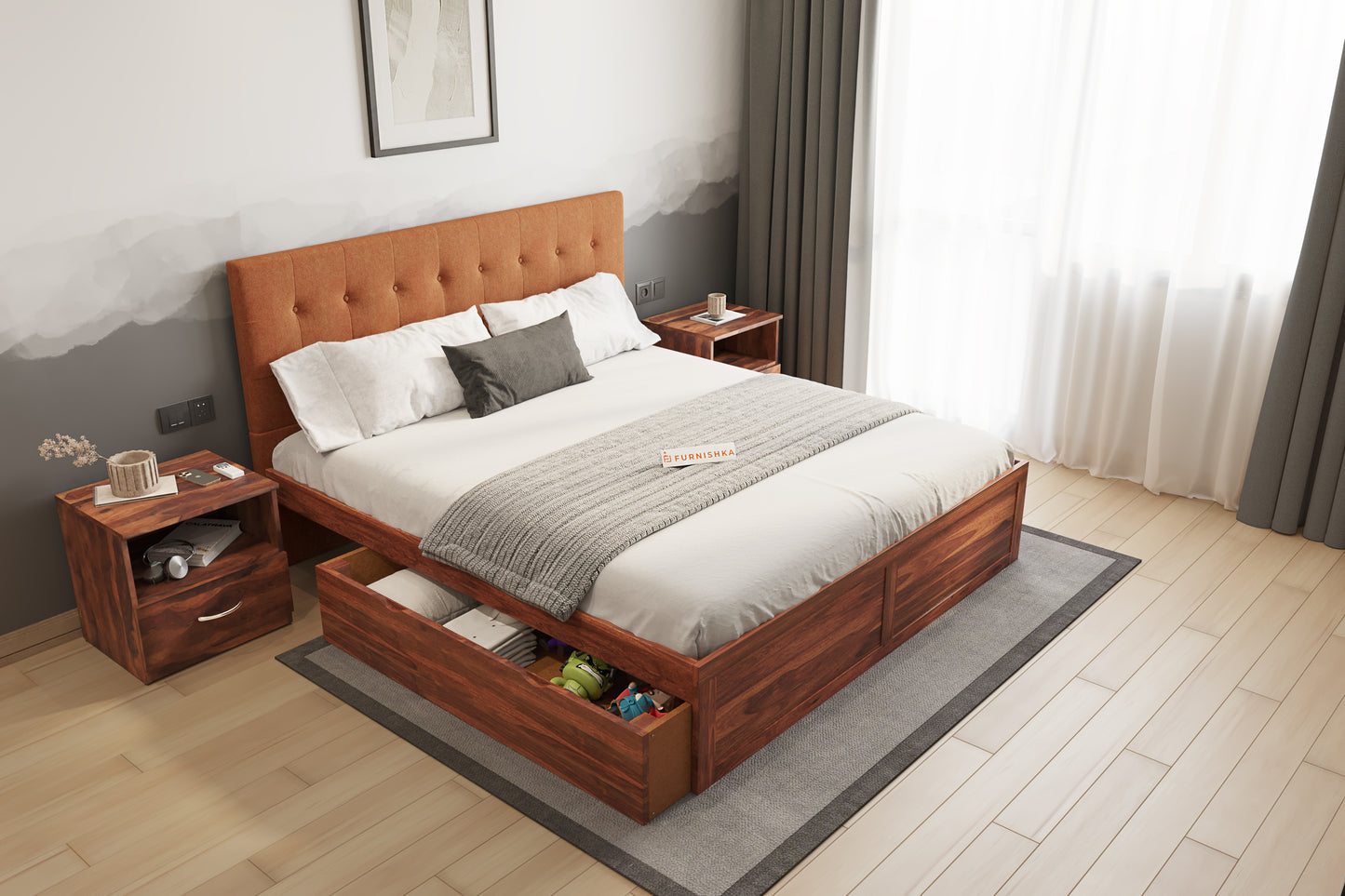 Irene Sheesham Wood bed with Upholstered headboard Drawer Storge Queen Size - Furnishka 