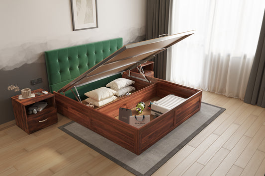 Irene Sheesham Wood bed with Upholstered headboard Hydraulic Storage King Size - Furnishka 