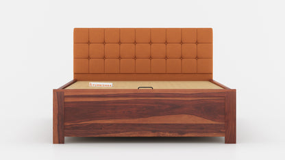 Irene Sheesham Wood bed with Upholstered headboard Hydraulic Storage King Size - Furnishka 