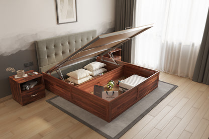 Irene Sheesham Wood bed with Upholstered headboard Hydraulic Storage Queen Size - Furnishka 
