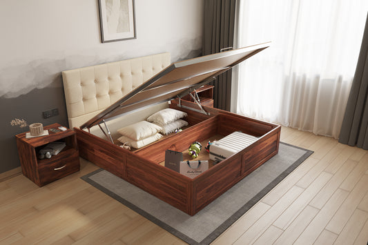 Irene Sheesham Wood bed with Upholstered headboard Hydraulic Storage Queen Size - Furnishka 