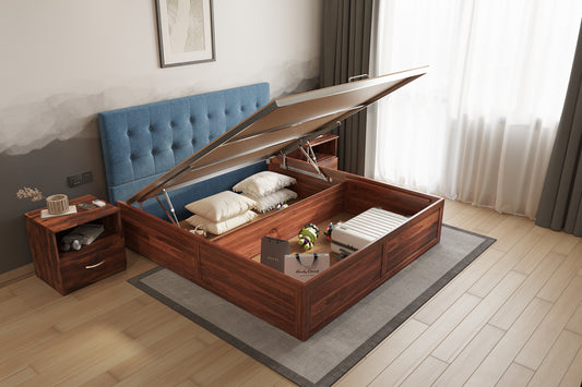 Irene Sheesham Wood bed with Upholstered headboard Hydraulic Storage Queen Size - Furnishka