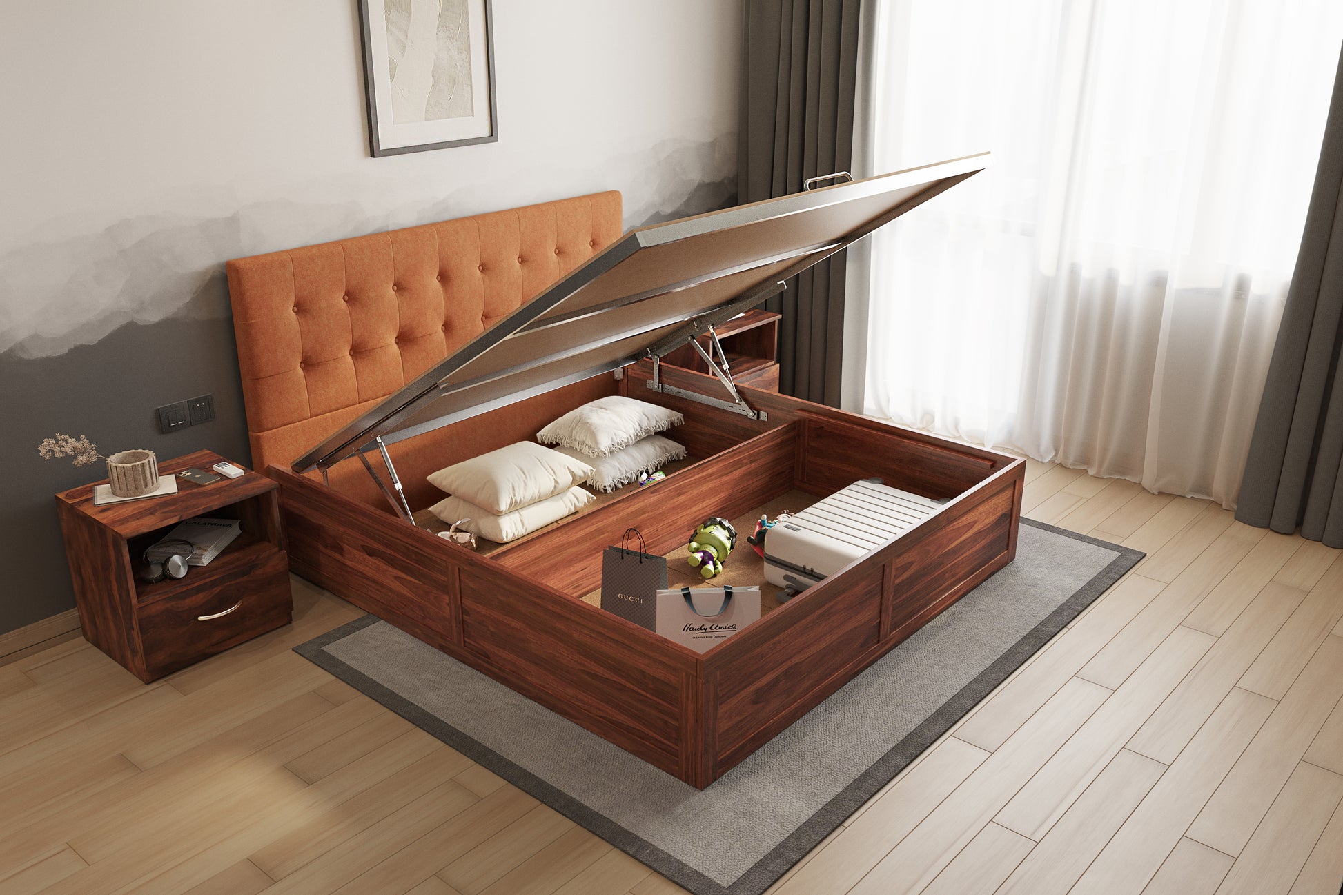 Irene Sheesham Wood bed with Upholstered headboard Hydraulic Storage Queen Size - Furnishka 