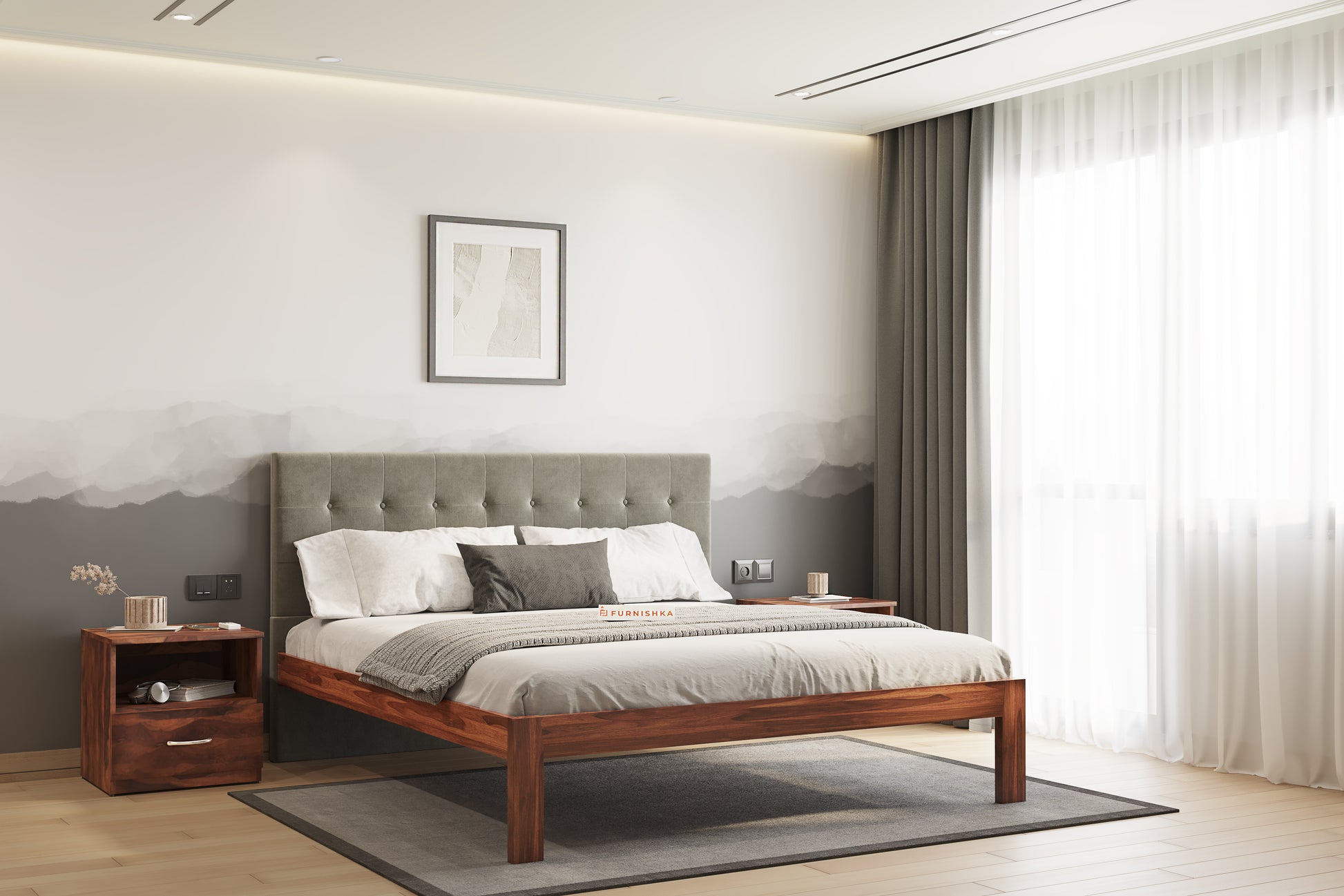 Irene Sheesham Wood bed with Upholstered headboard Non Storage King Size - Furnishka 