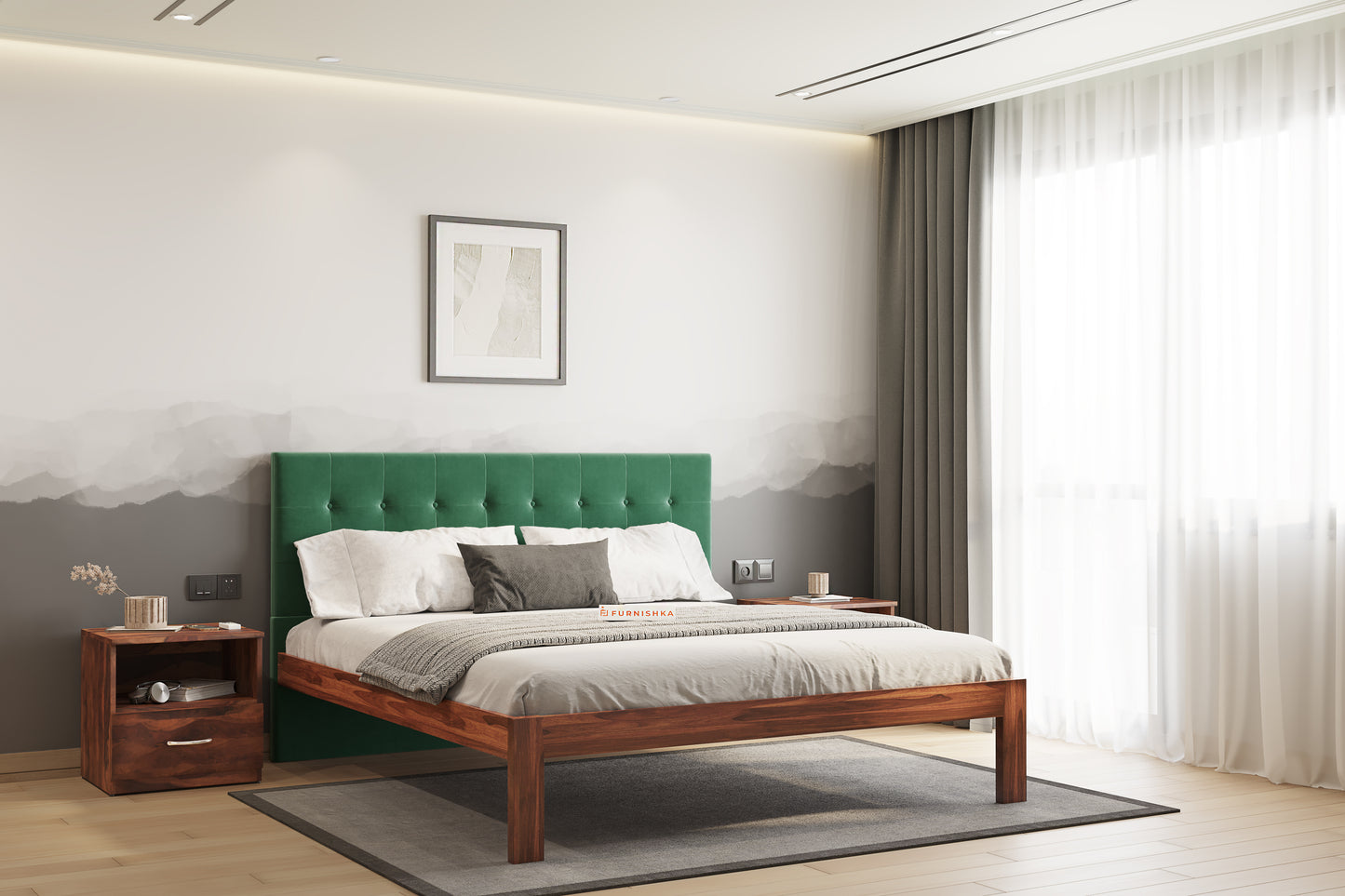 Irene Sheesham Wood bed with Upholstered headboard Non Storage Queen Size - Furnishka 