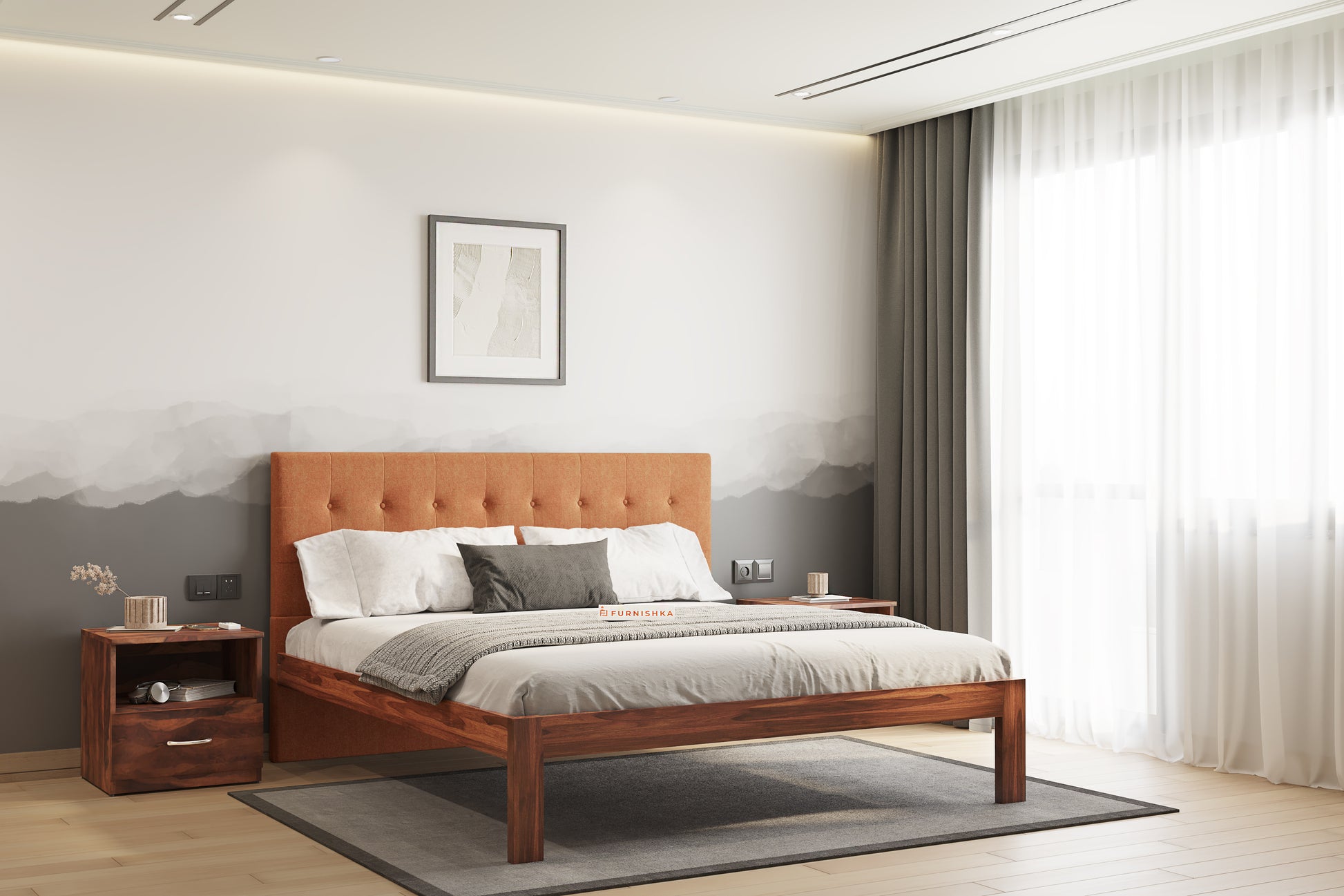 Irene Sheesham Wood bed with Upholstered headboard Non Storage Queen Size - Furnishka 