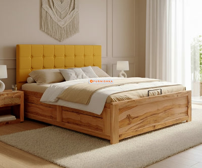 Irene Real Teak Wood Hydraulic Bed King Size Mustard Yellow
