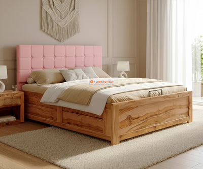 Irene Real Teak Wood Hydraulic Bed King Size Flamingo Pink