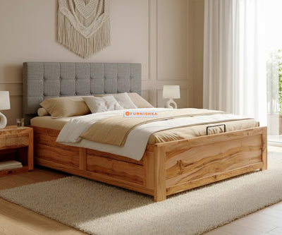 Irene Real Teak Wood Hydraulic Bed Queen Size Space Grey