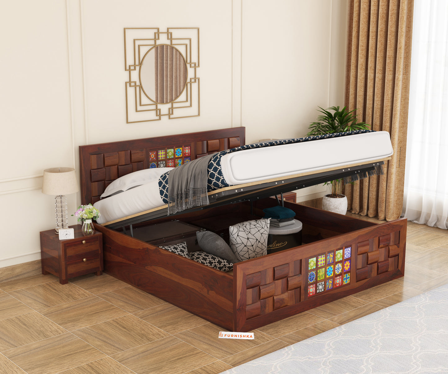 Josy Sheesham Wood Bed Hydraulic Storage - King Size - Furnishka 
