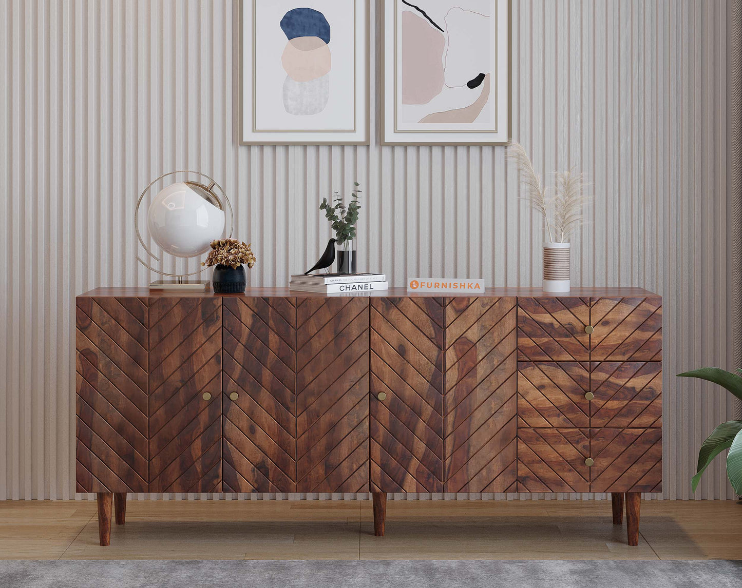 Chevora Toshi Sideboard With 3 shutters and 3 drawers in Sheesham - Furnishka 