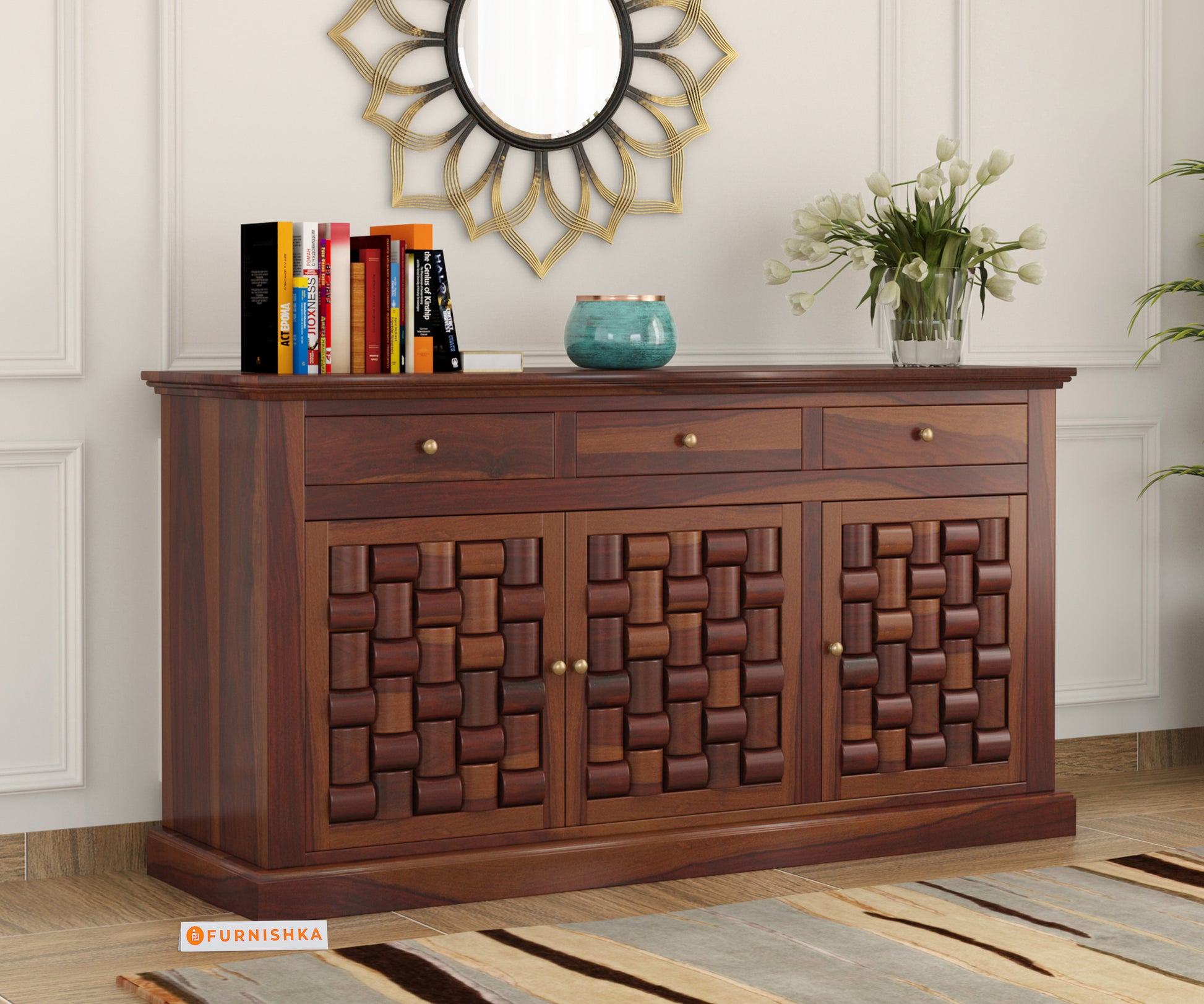 Lenio Sheesham Wood Triple Door Chest of Drawer - Furnishka 
