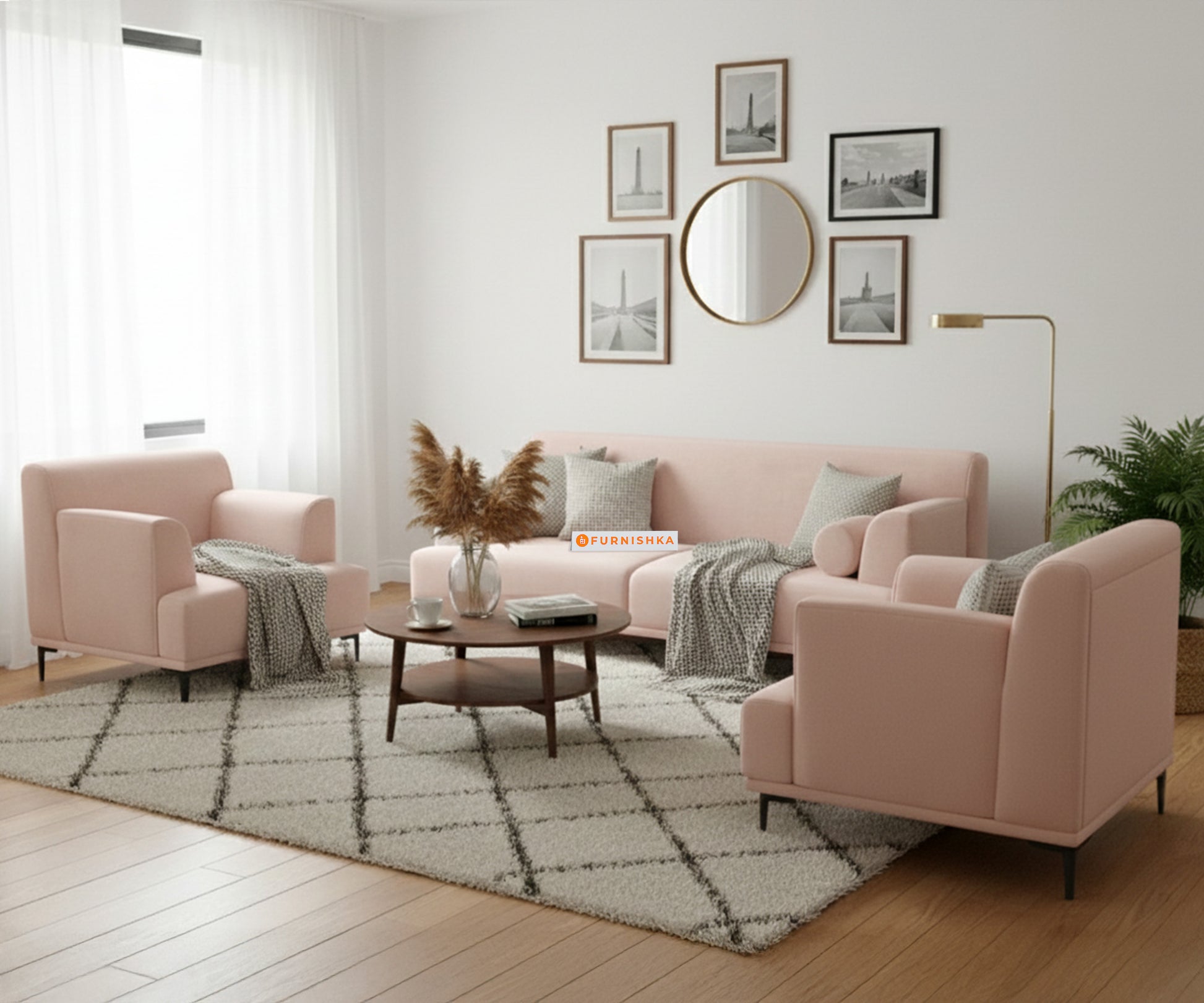 Liam 3+1+1 Seater Sofa Set - Flamingo Pink - Furnishka 