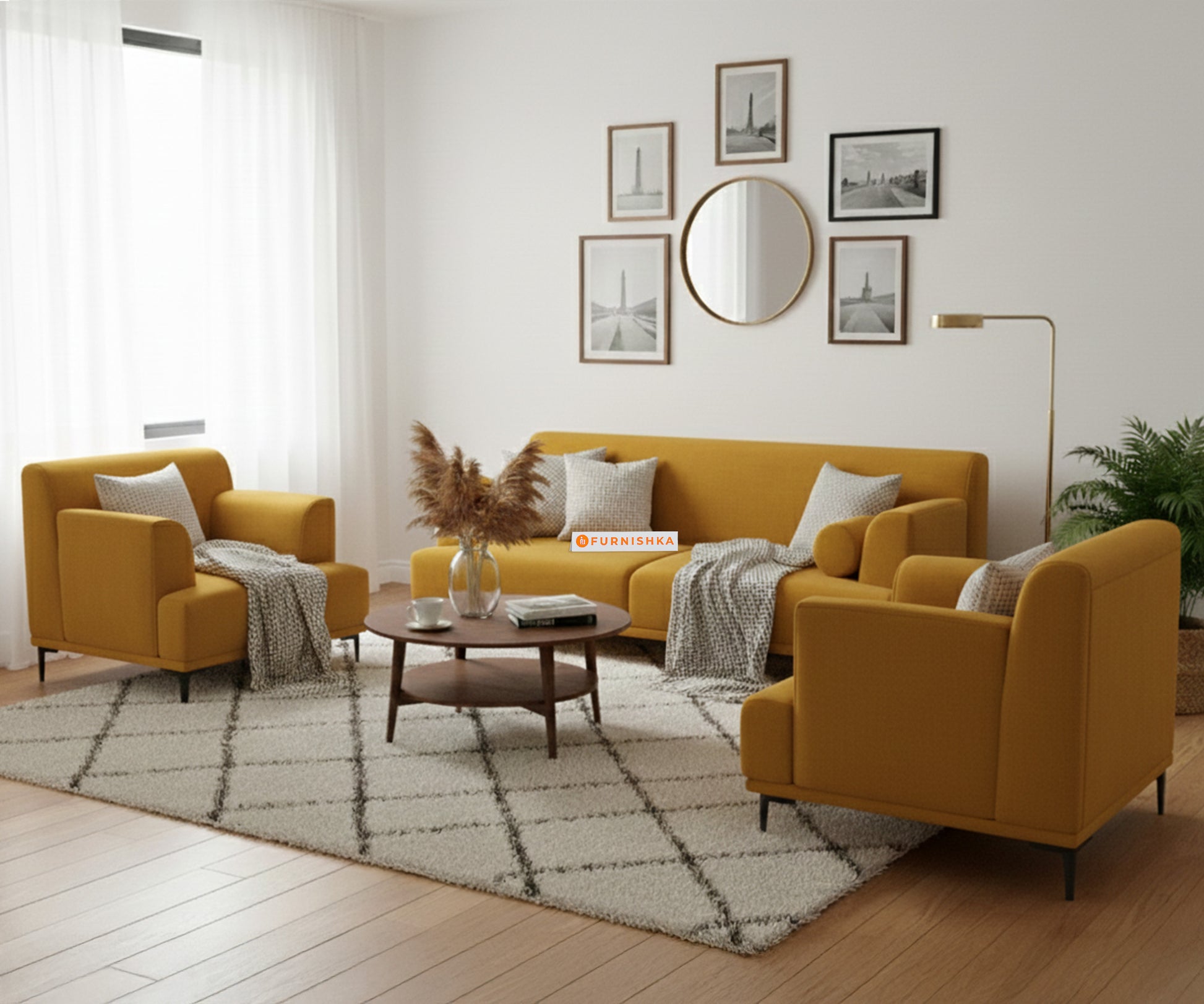 Liam 3+1+1 Seater Sofa Set - Mustard Yellow - Furnishka 
