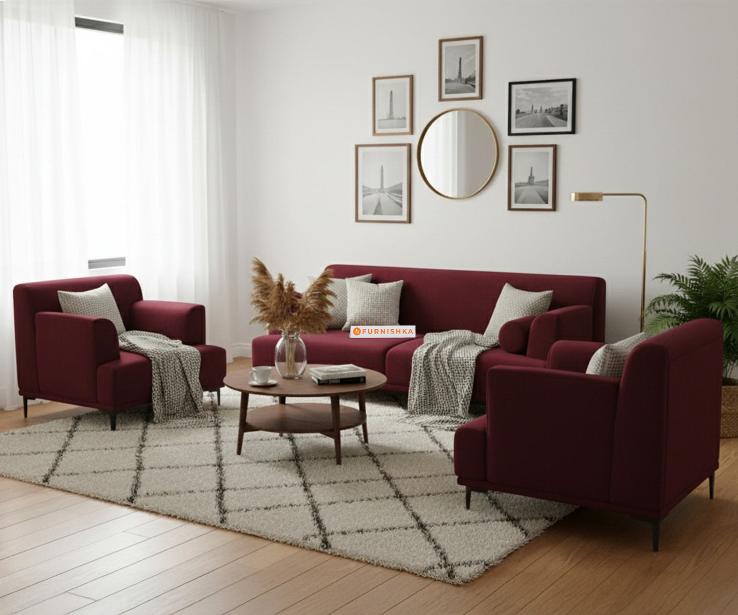Liam 3+1+1 Seater Sofa Set - Red Wine - Furnishka 