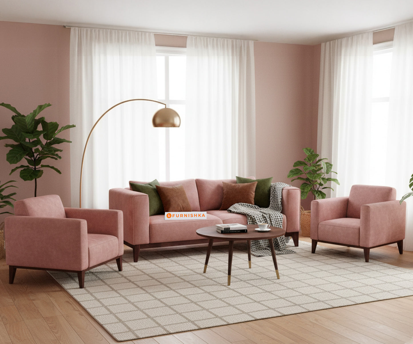 Linda 3+1+1 Seater Sofa Set  Flamingo Pink - Furnishka 