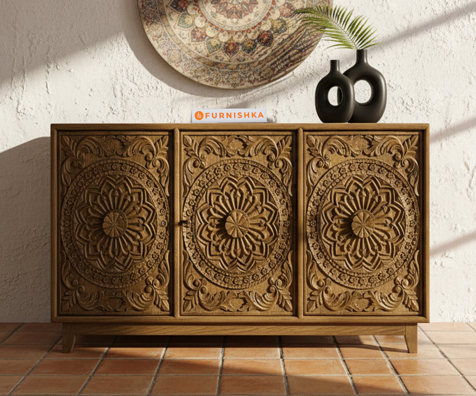 Mandala Carved Wooden  Side Board 3 shutters Reclaimed - Furnishka 