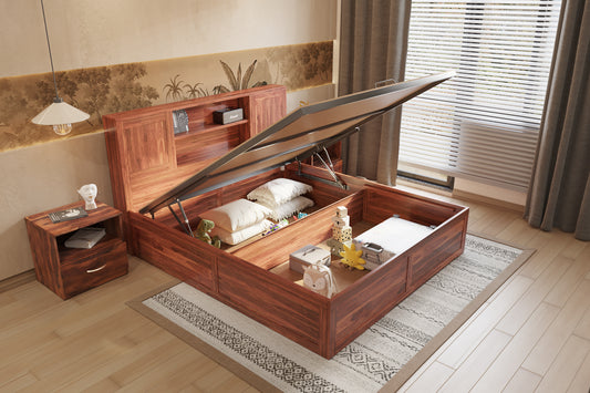Marida Hydraulic Bed in Sheesham - Queen Size - Furnishka