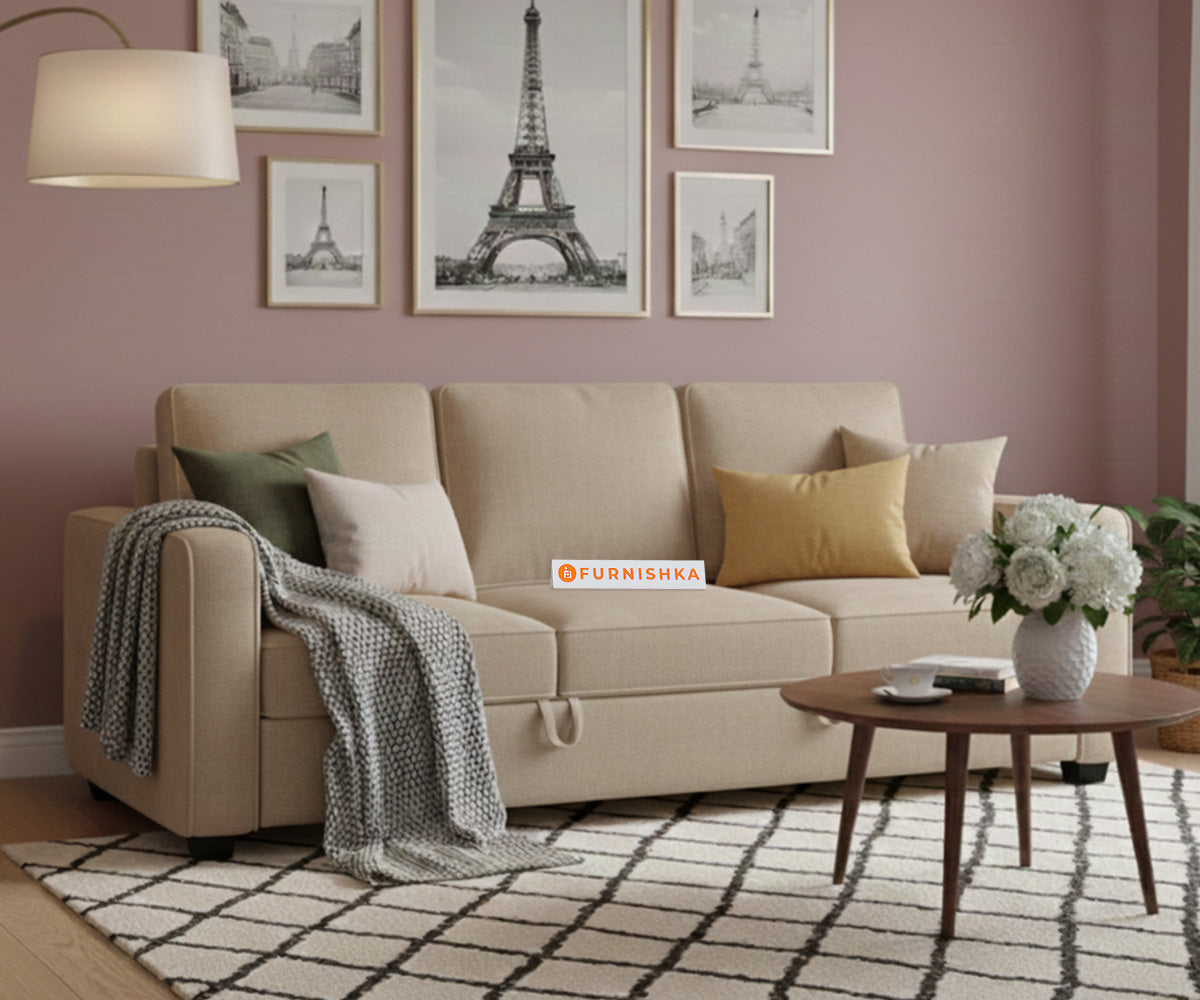 Melaka Sofa 3 Seater Sofa Cum Bed - Pull out Type Light Beige - Furnishka 
