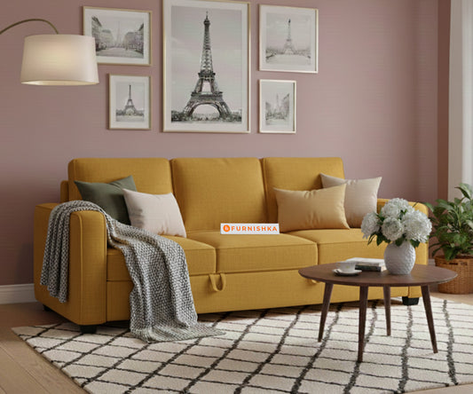 Melaka Sofa 3 Seater Sofa Cum Bed - Pull out Type Mustard Yellow - Furnishka 