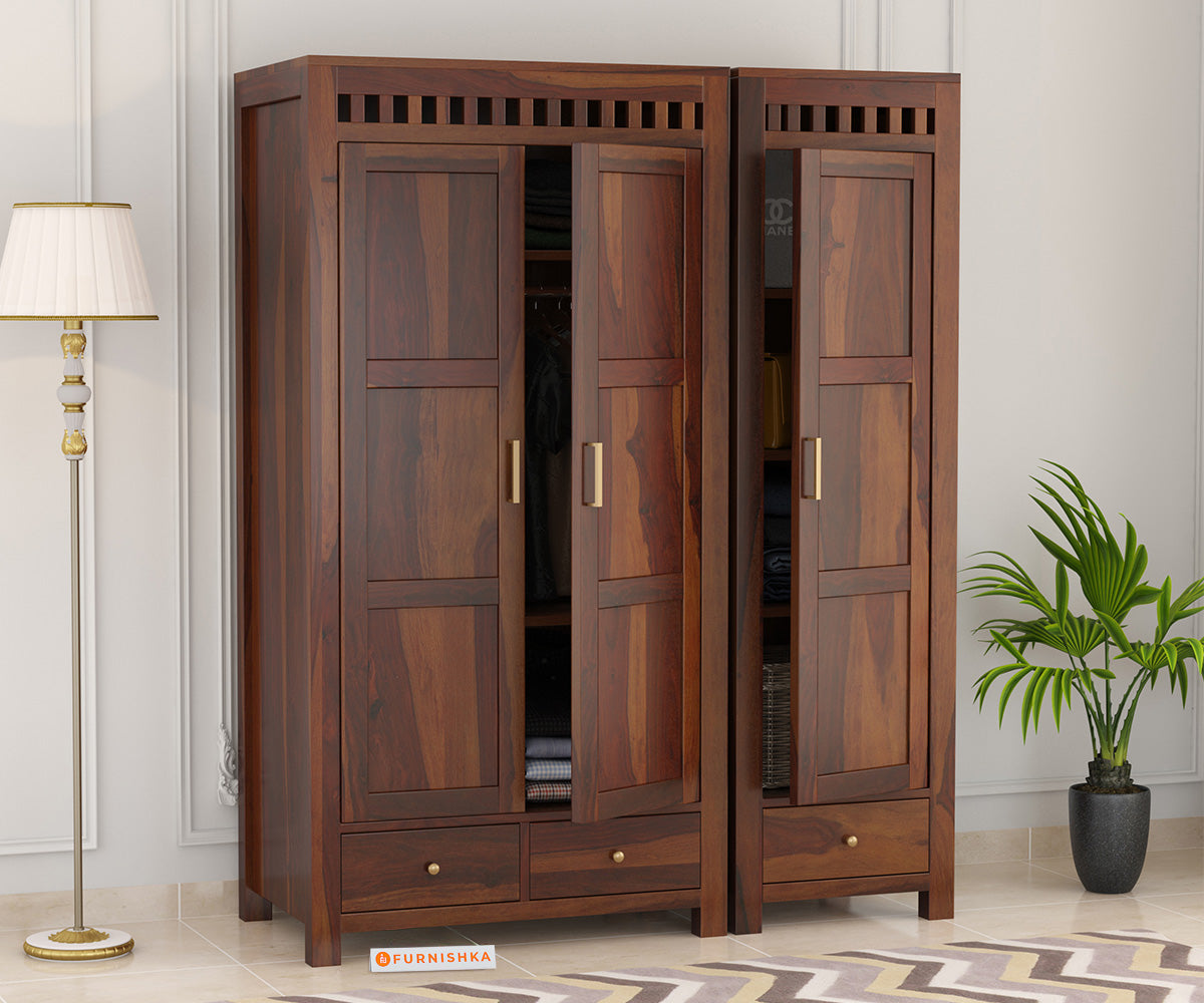 Meody 3 Door Solid Sheesham Wood Wardrobe - Furnishka 