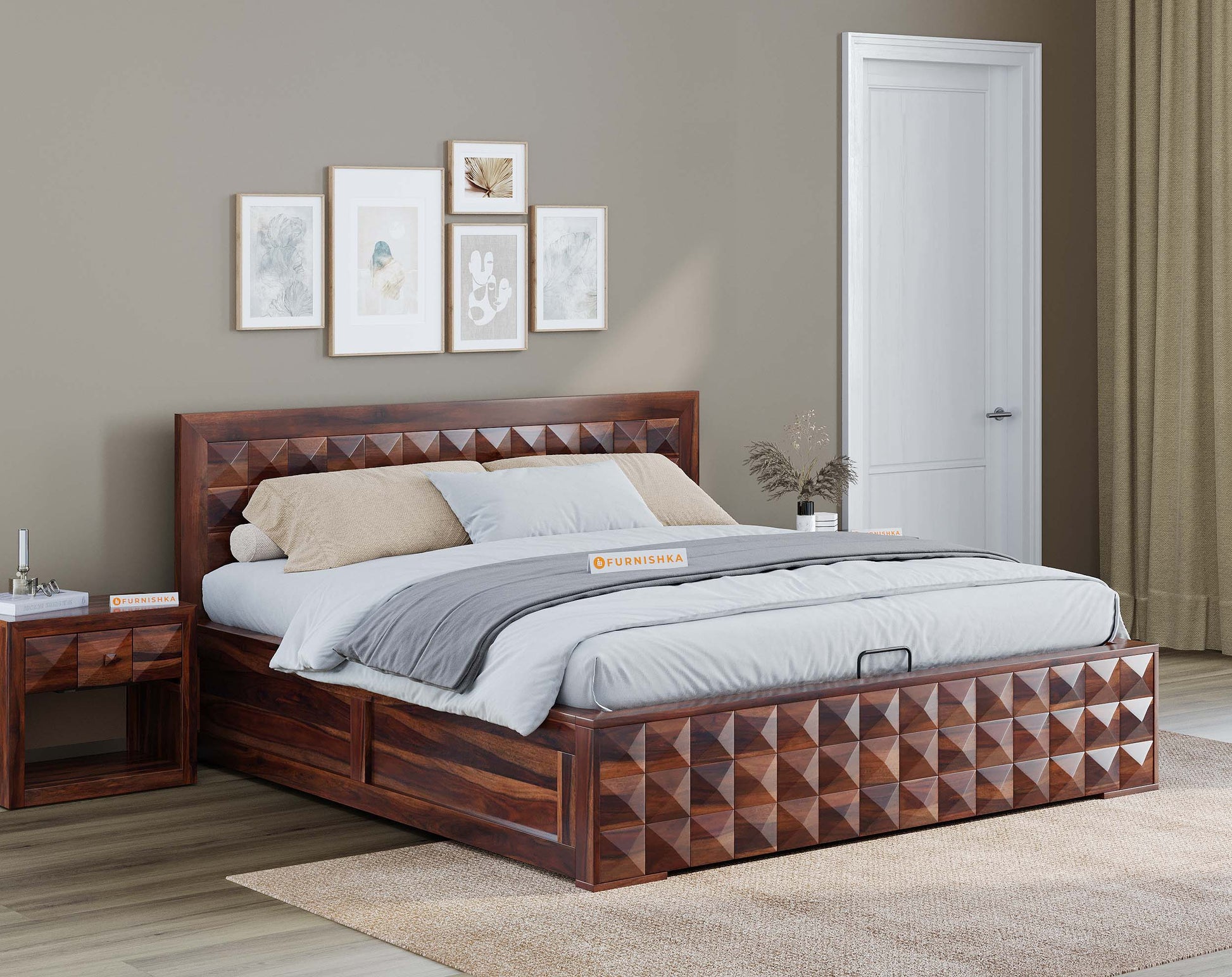Nisha King Size Sheesham Bed - Hydraulic Storage - Furnishka 