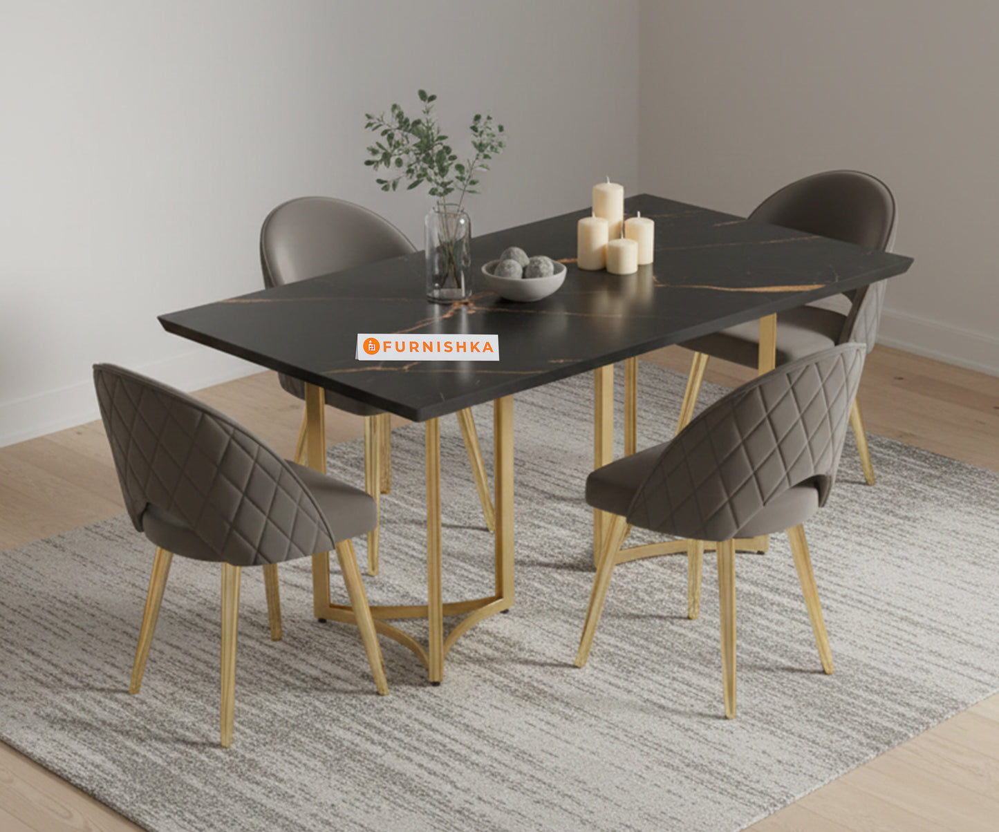 Nexus 4 Seater Dining Sets with Black Engineered Marble Top - Furnishka 