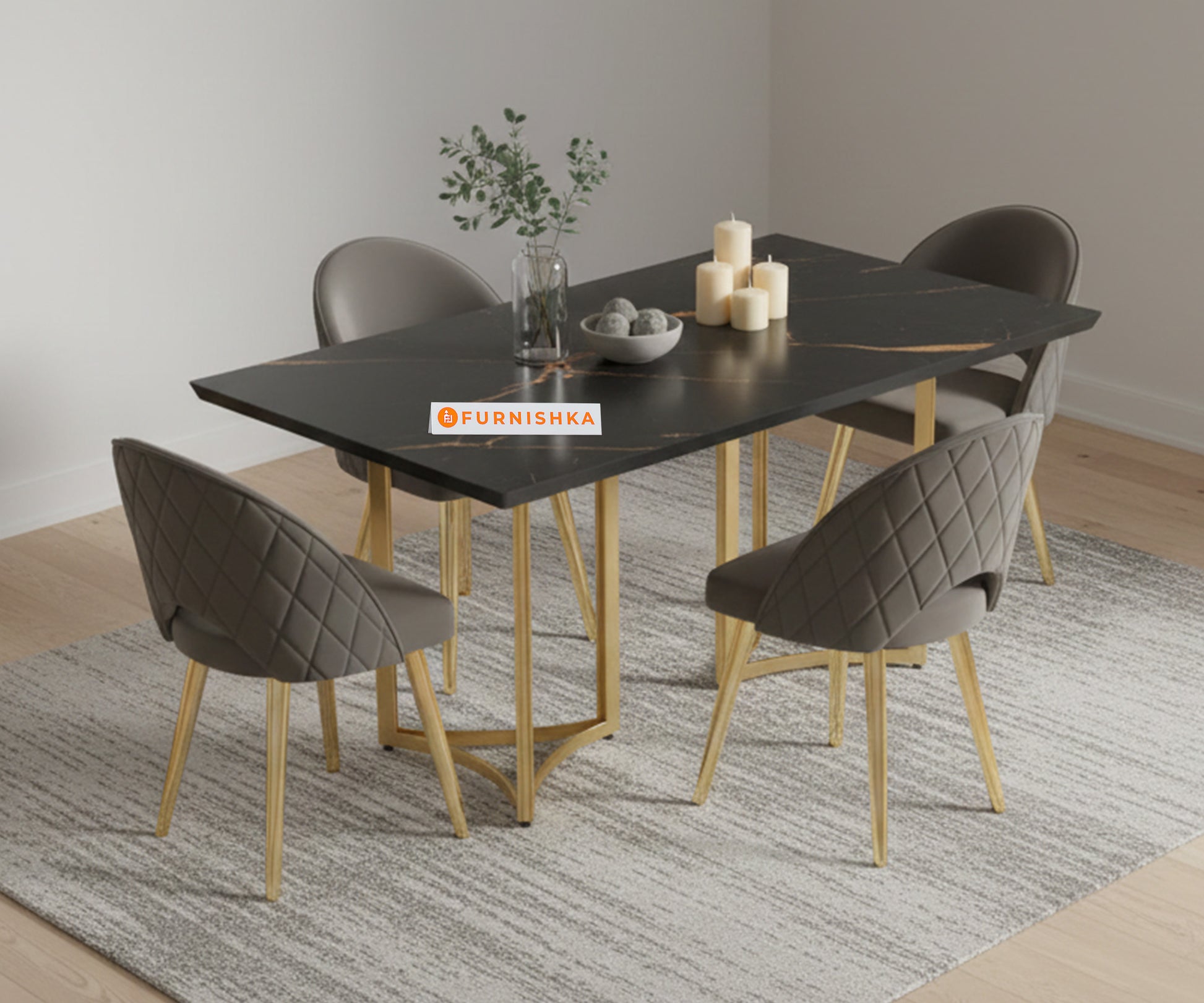 Nexus 4 Seater Dining Sets with Black Engineered Marble Top - Furnishka 