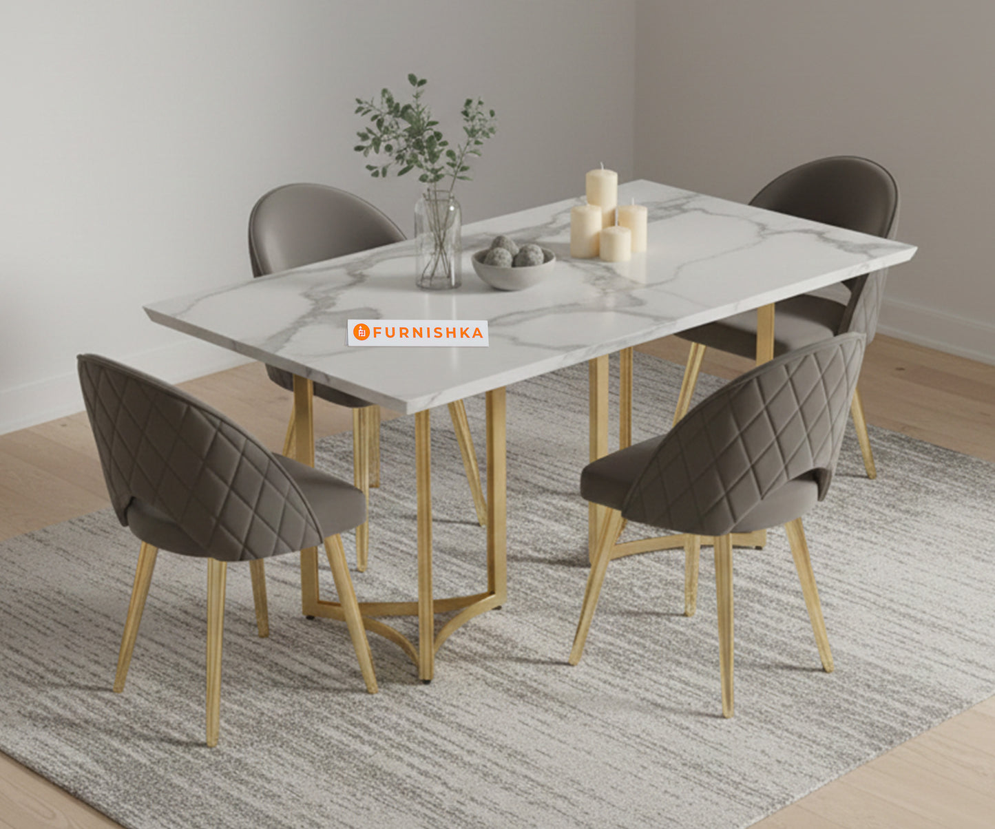Nexus 4 Seater Dining Sets with Quartz Marble Top Gold Finish - Furnishka 