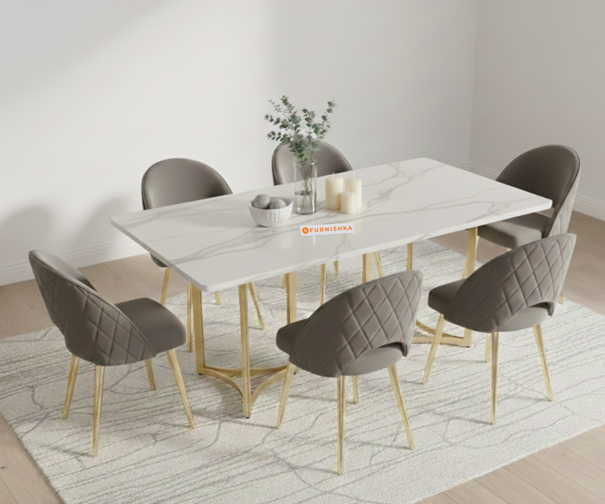 Nexus 6 Seater Dining Sets with Quartz Marble Top Gold Finish - Furnishka