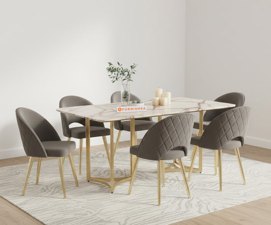 Nexus 6 Seater Dining Sets with ROSALIA GOLD sandwich Engineering Marble Top - Furnishka 