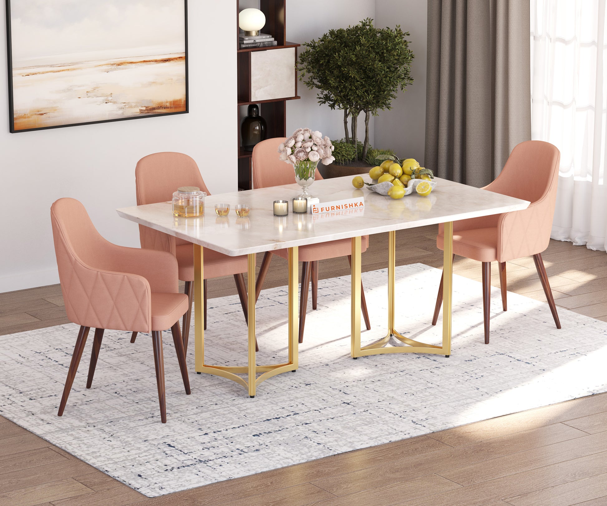 Nexus 6 Seater Dining Table - Ceramic Golden Portoro - Furnishka 