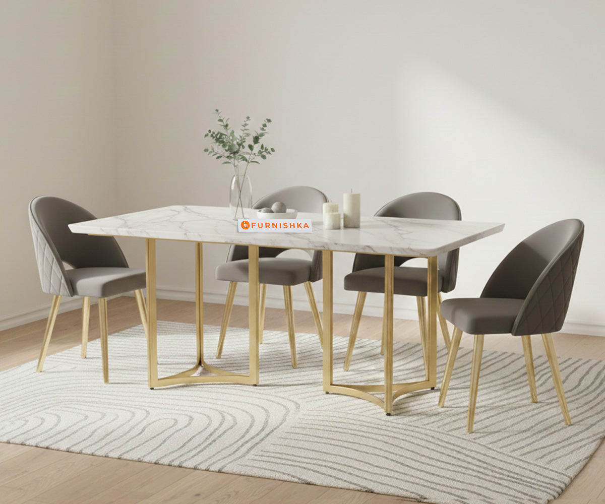 Nexus Dining Table with Indian Banswara Marble Top - 4 Seater in Rose Gold Finish - Furnishka 