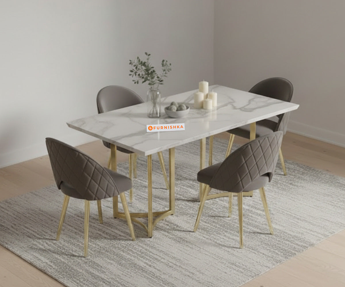 Nexus Dining Table with Indian Banswara Marble Top - 4 Seater in Rose Gold Finish - Furnishka 