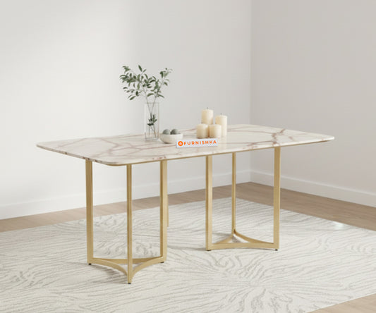 Nexus Dining Table with Indian Banswara Marble Top - 4 Seater in Rose Gold Finish - Furnishka