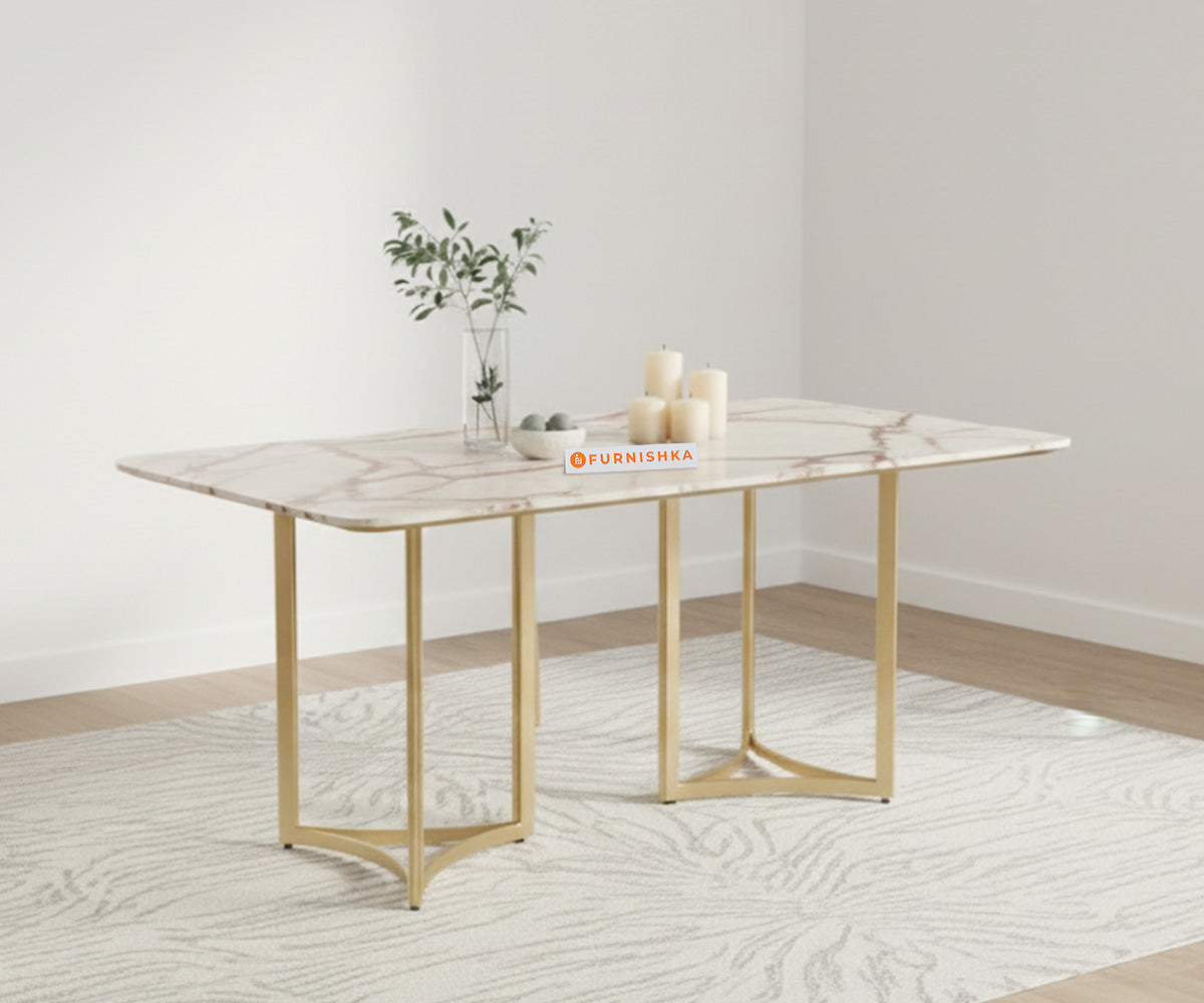 Nexus Dining Table with Indian Banswara Marble Top - 4 Seater in Rose Gold Finish - Furnishka