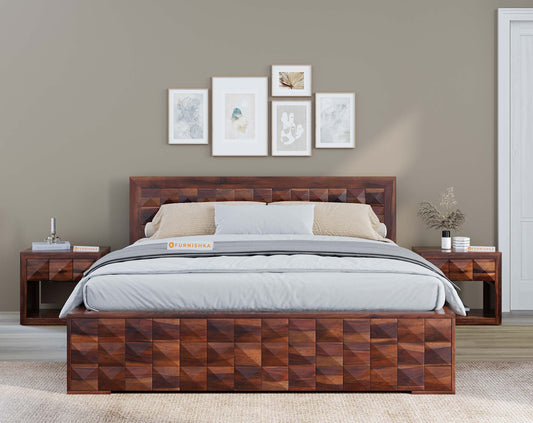 Nisha Queen Size Sheesham Bed - Hydraulic Storage - Furnishka