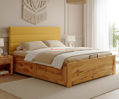 Niva Real Teak Wood Hydraulic Bed King Size Mustard Yellow