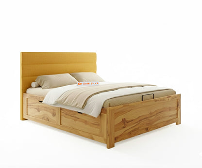 Niva Real Teak Wood Hydraulic Bed King Size Mustard Yellow - Furnishka 
