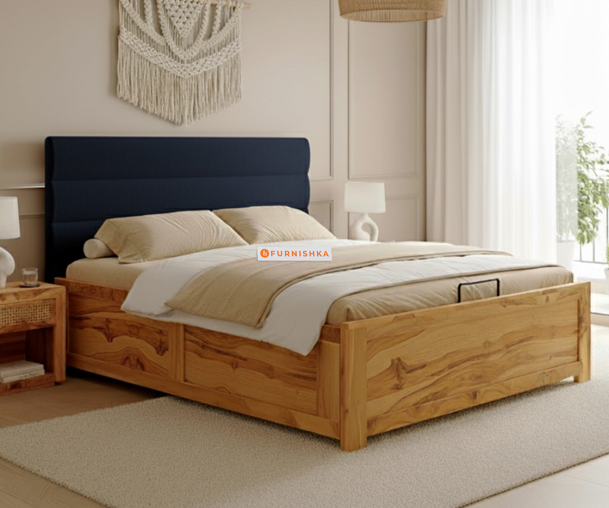 Niva Real Teak Wood Hydraulic Bed King Size Persian Blue - Furnishka 